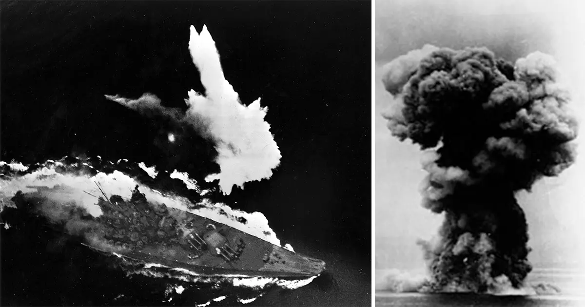 Atak lotniczy na pancernik Yamato podczas Operacji Ten-Go – po lewej widoczne trafienie torpedą w lewą burtę, po prawej potężny grzyb dymu po eksplozji magazynu amunicji.