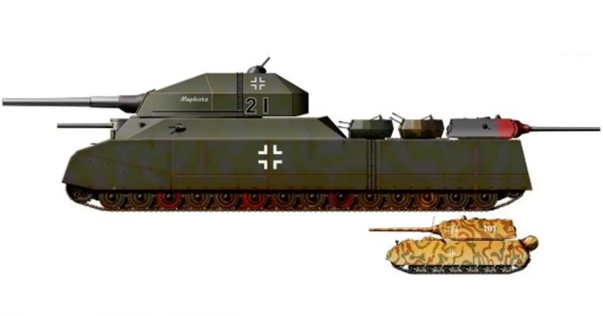 Grafika porównawcza przedstawiająca ogromną różnicę rozmiarów między superczołgiem P-1000 Ratte (góra) a standardowym niemieckim czołgiem Panzer IV (dół).